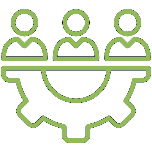 Three people icons above a gear, symbolizing teamwork or collaboration.