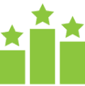 Green bar chart with three stars.