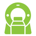 Green MRI scanner icon on black background.