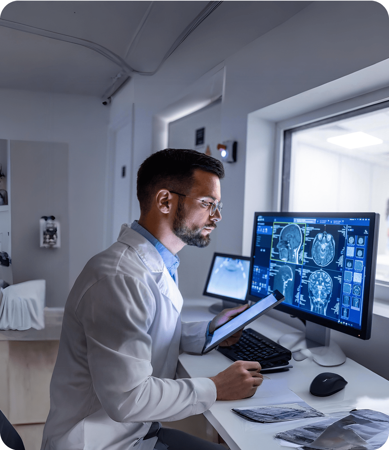 Doctor analyzing brain scans on computer.